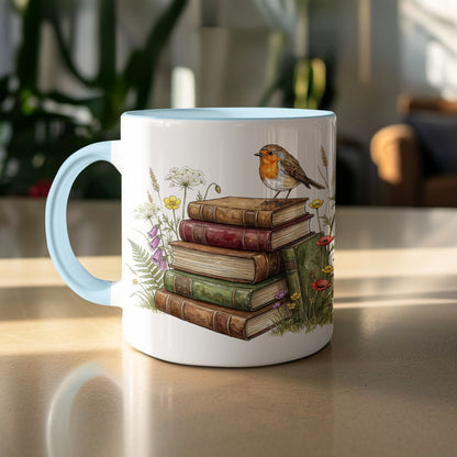 Decorative mug with bird and stack of books design
