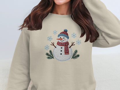 Snowman and Snowflakes Embroidered Winter Sweatshirt