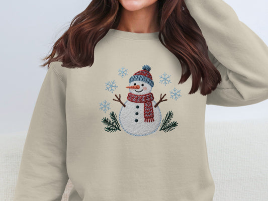Snowman and Snowflakes Embroidered Winter Sweatshirt
