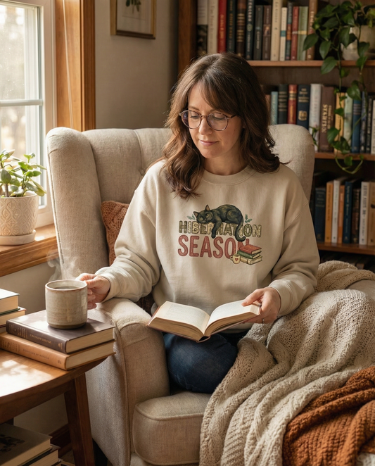 Hibernation Season Sweatshirt for Cat and Book Lovers