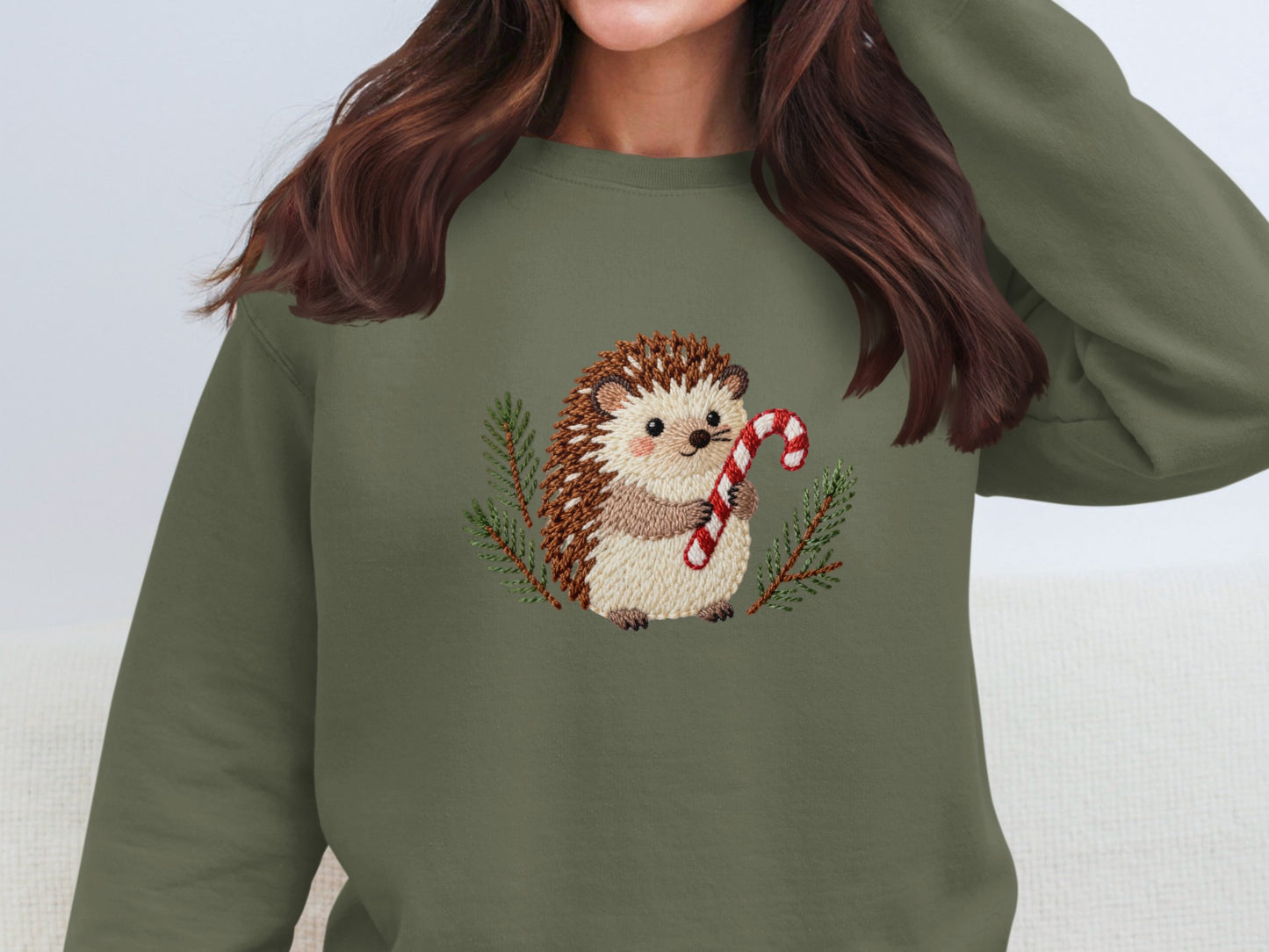 Festive Hedgehog Holding Candy Cane Holiday Sweater