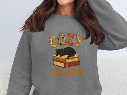 Cozy Season Sweatshirt with Cat Reading Books Design