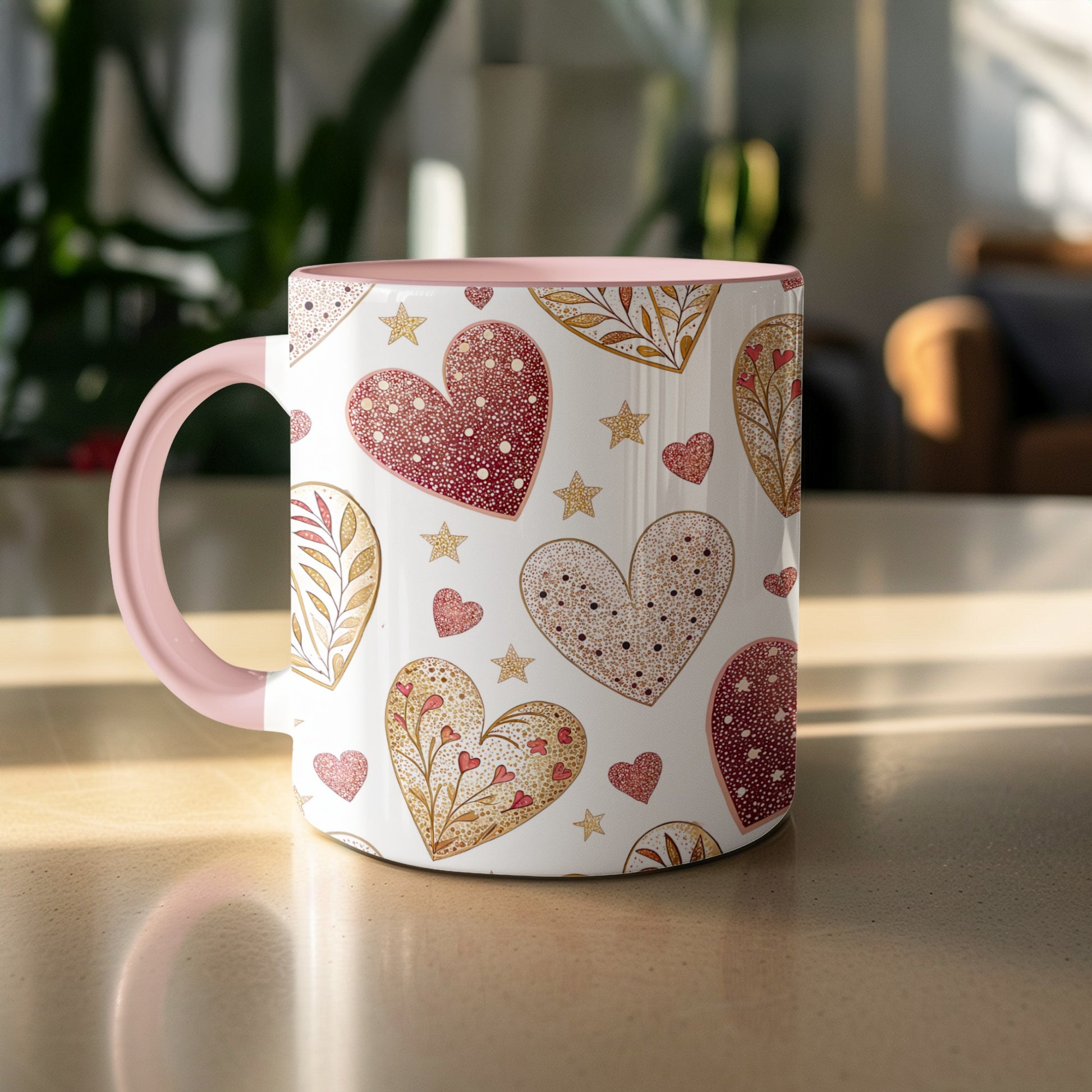 Heart and Star Patterned Mug with Pink Handle