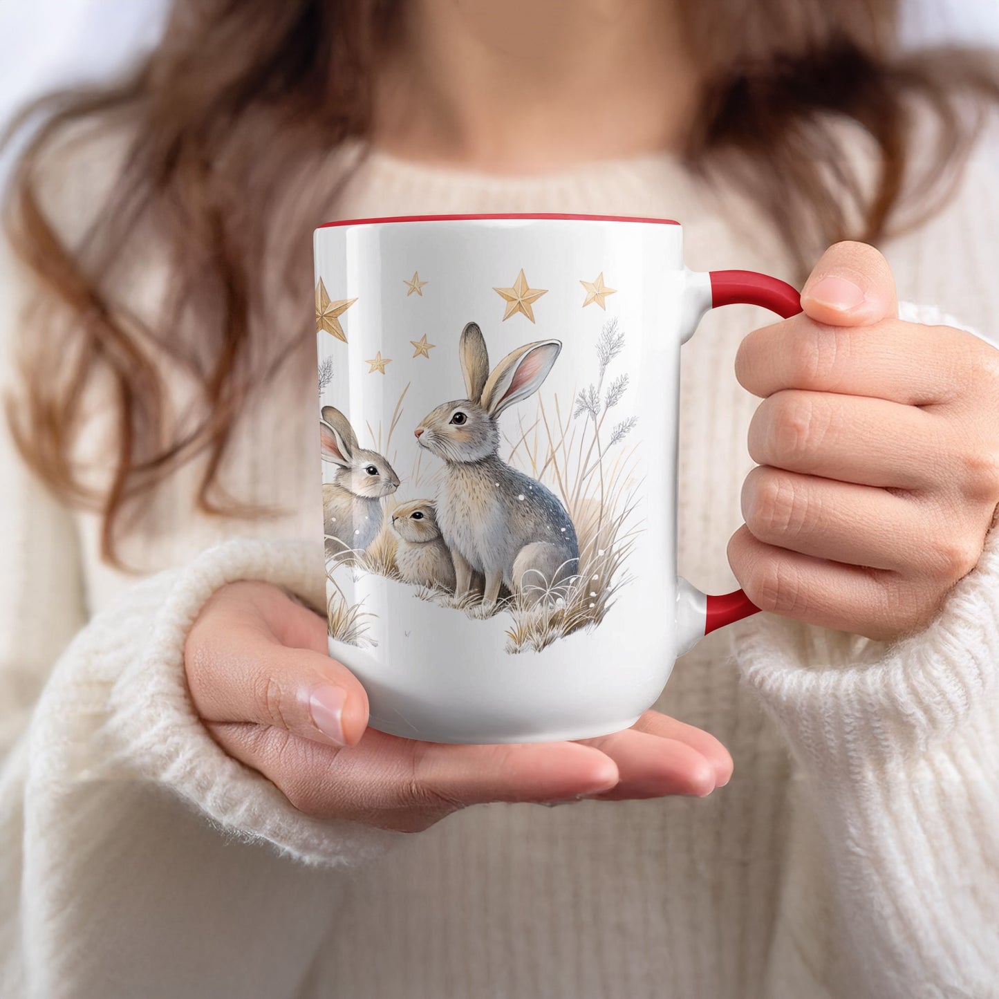 Adorable Rabbit Family Mug with Red Handle Design