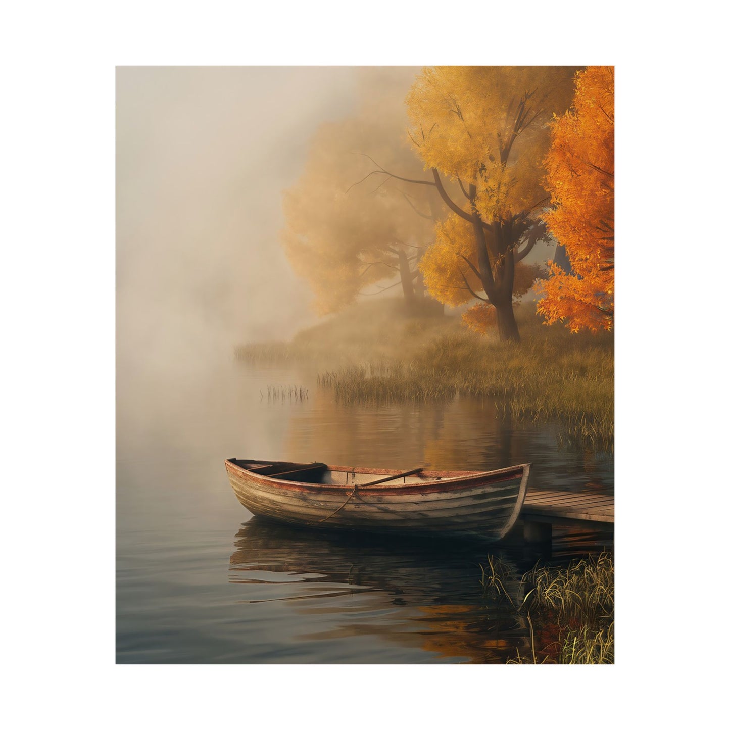 Wooden Boat On A Foggy Lake Poster