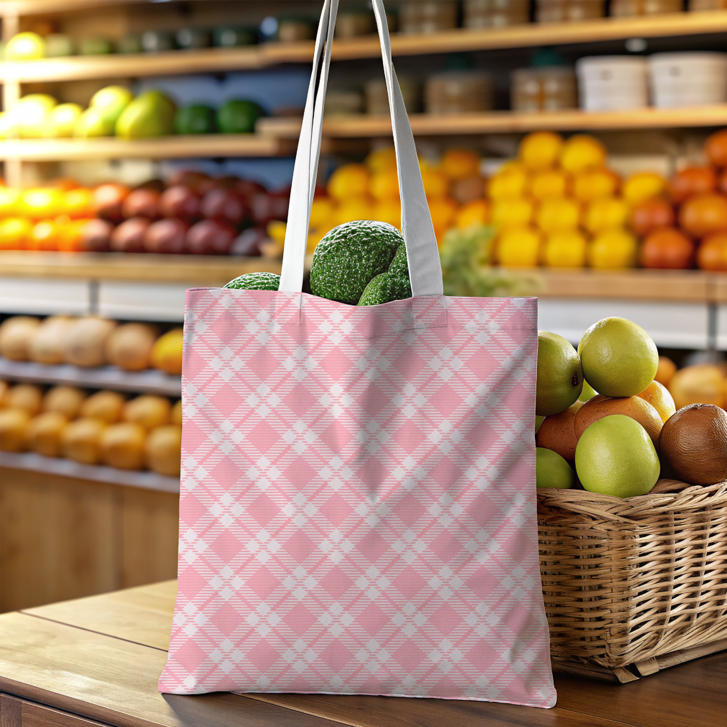 Soft Pink Checkered Plaid Tote Bag