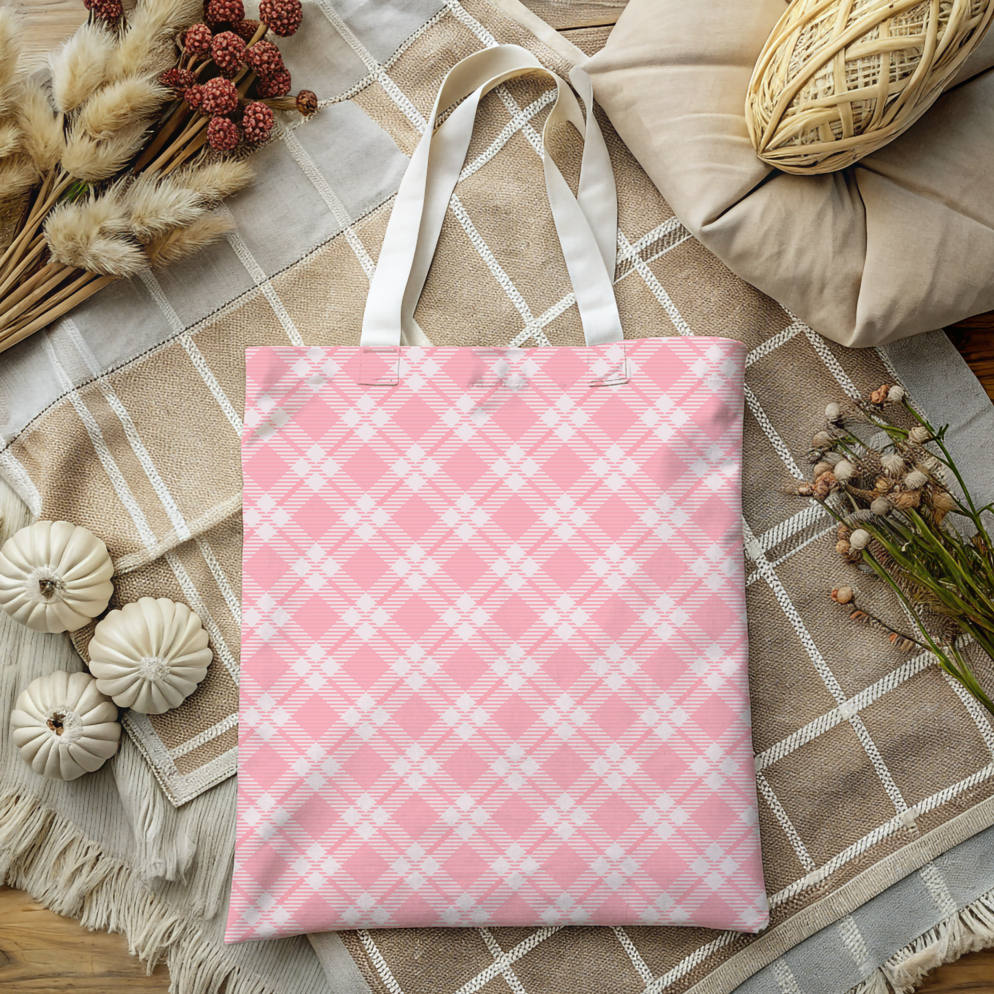 Soft Pink Checkered Plaid Tote Bag