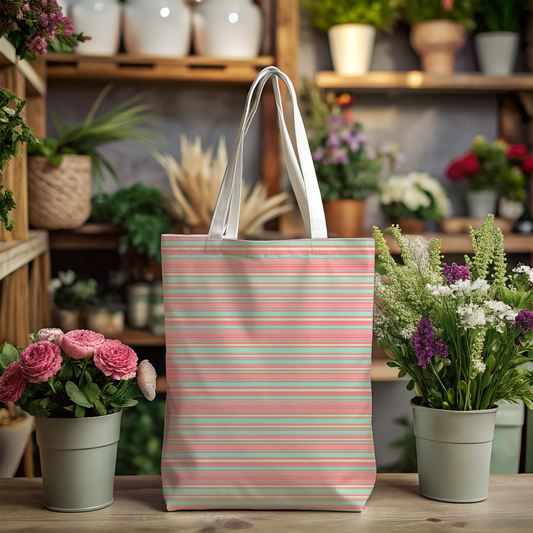 Coral Mint Stripe Canvas Tote Bag