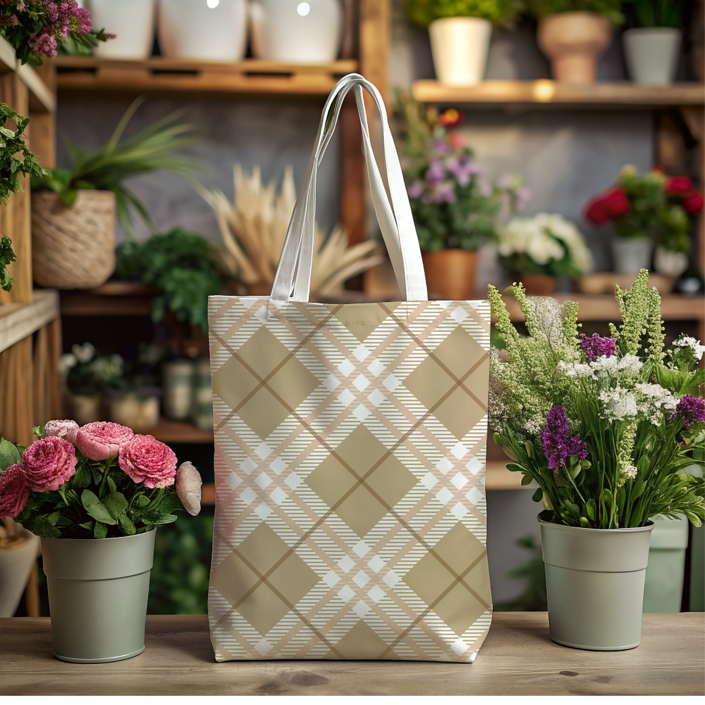 Modern Neutral Plaid Tote  Bag