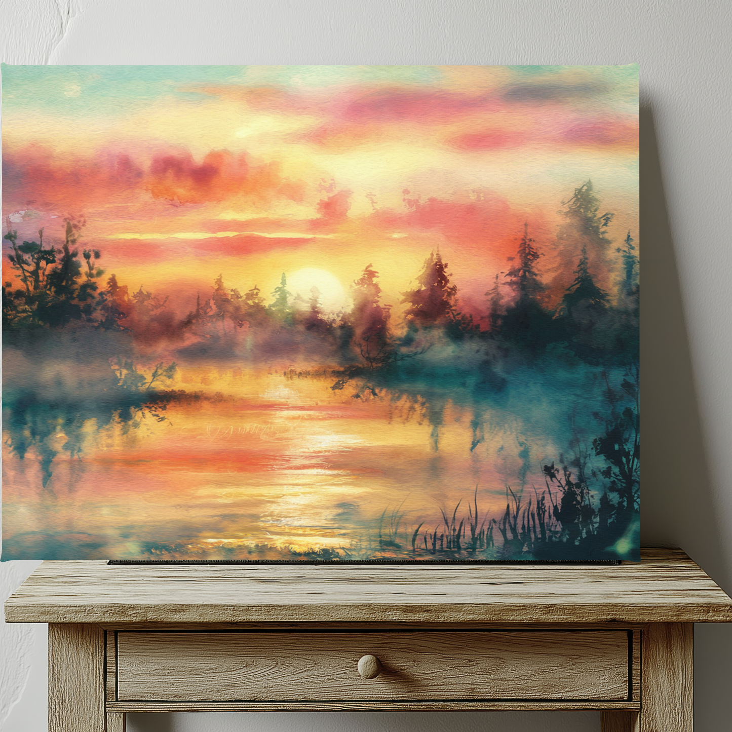 Dreamy Woodland Pond Sunset Watercolor Canvas Wall Art