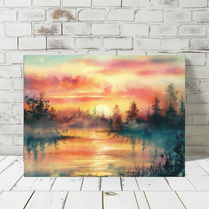 Dreamy Woodland Pond Sunset Watercolor Canvas Wall Art