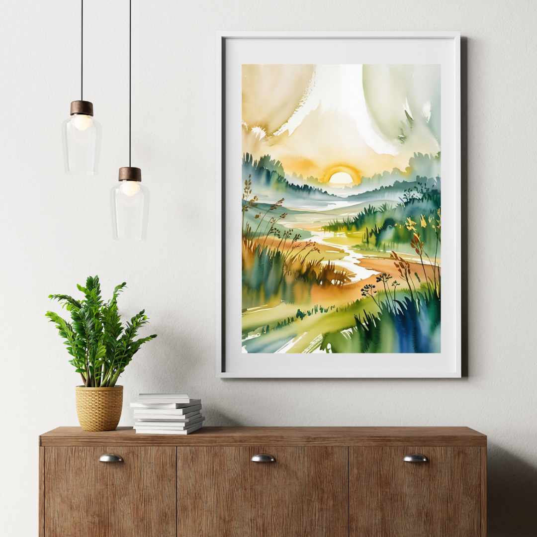 Morning Meadow Sunrise Watercolor Poster