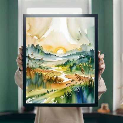Morning Meadow Sunrise Watercolor Poster