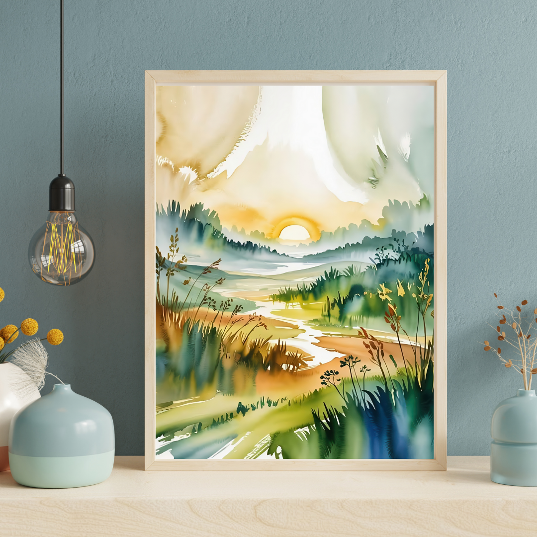 Morning Meadow Sunrise Watercolor Poster
