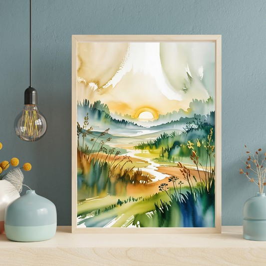 Morning Meadow Sunrise Watercolor Poster