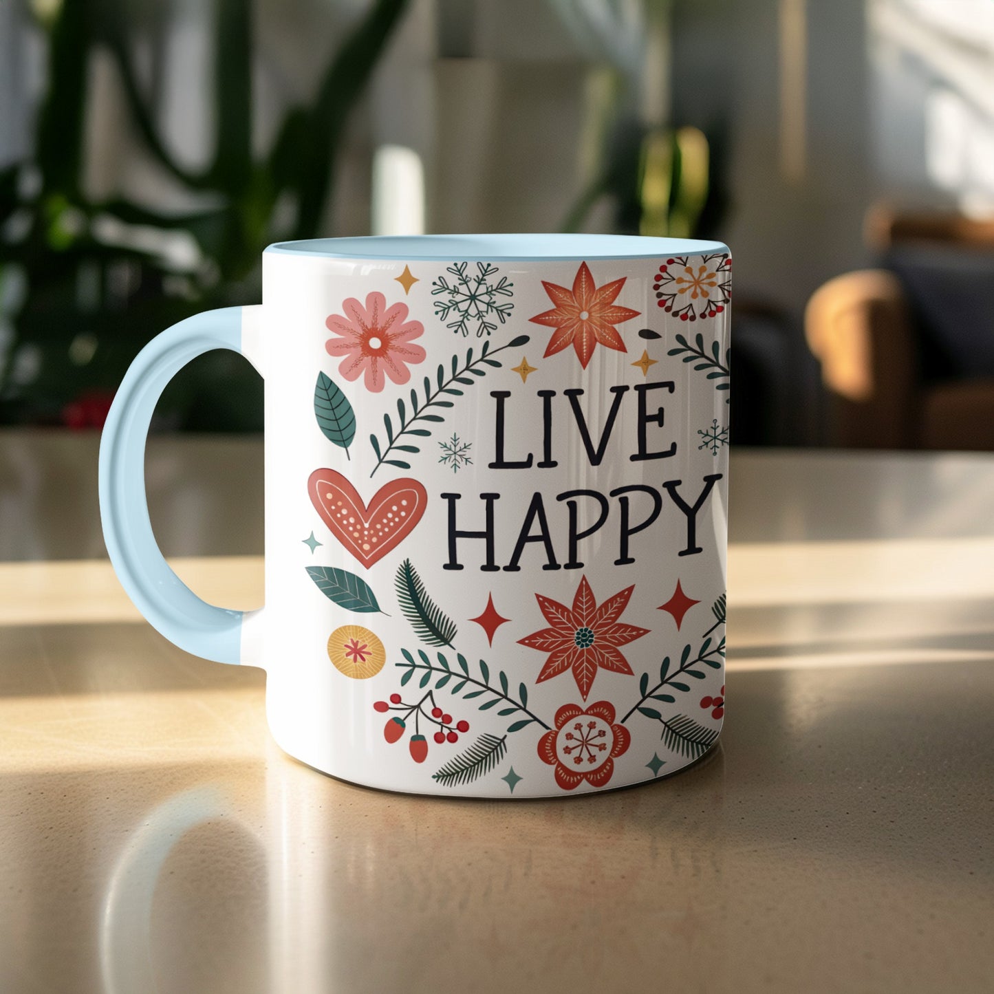 Live Happy Floral Decorated Coffee Mug