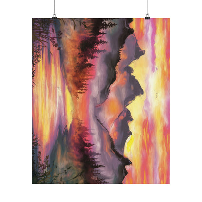Dreamy Mountain Woodland Sunset Watercolor Poster