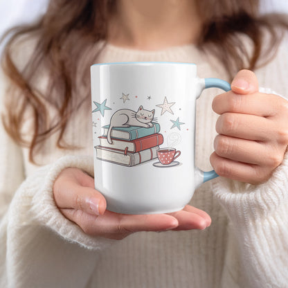 Cozy Cat On Stack Of Books With Stars Mug