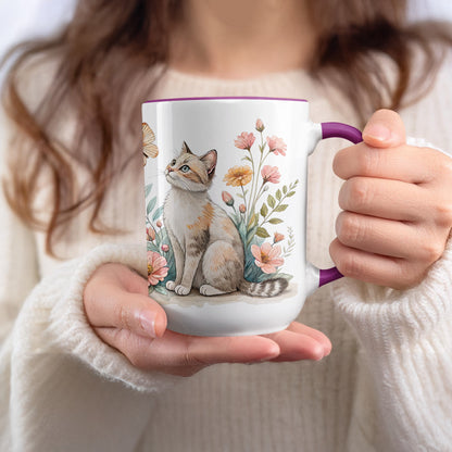 Charming Floral Cat Design Mug With Artistic Print
