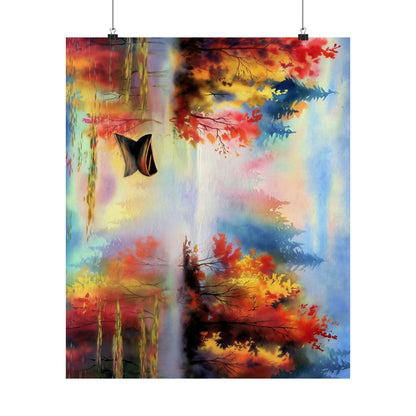 Small Boat On A Mountain Lake In The Fall Watercolor Poster