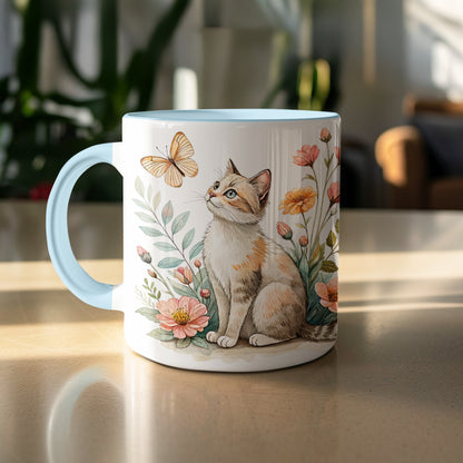 Adorable Cat and Butterfly with Floral Pattern Mug