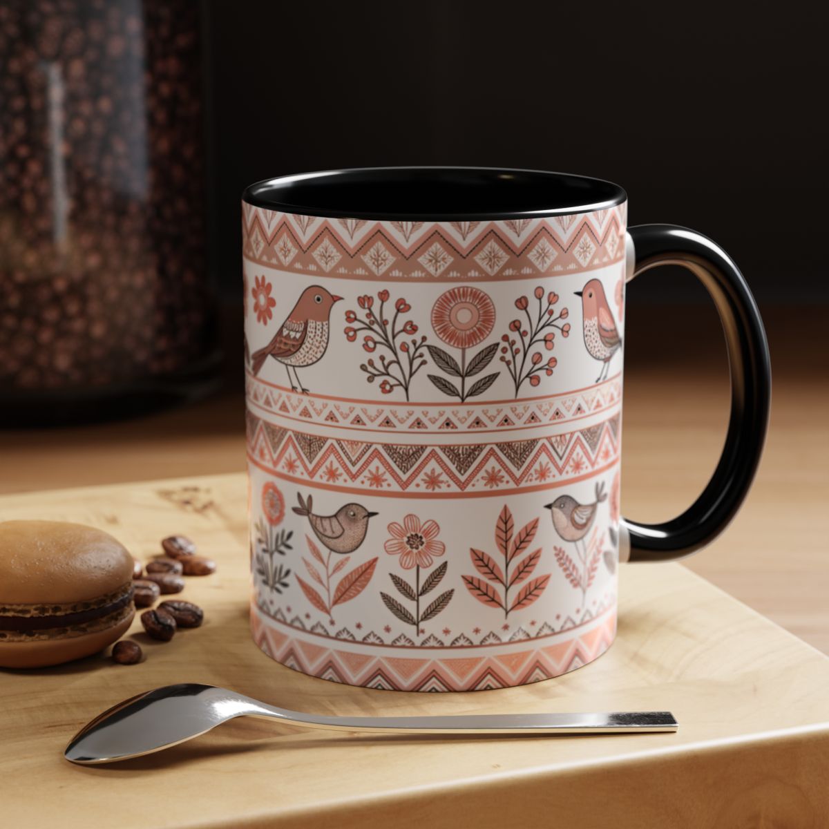Ceramic Mug with Vintage Bird and Flower Design