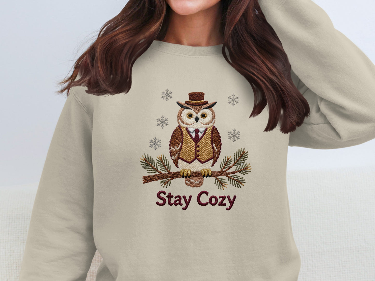 Stay Cozy Owl Embroidered Winter Sweatshirt