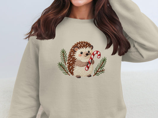 Cute Hedgehog with Candy Cane Design Sweatshirt