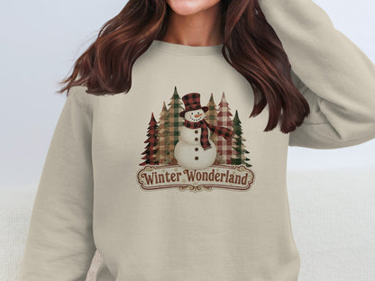 Winter Wonderland Snowman Plaid Trees Graphic Sweatshirt