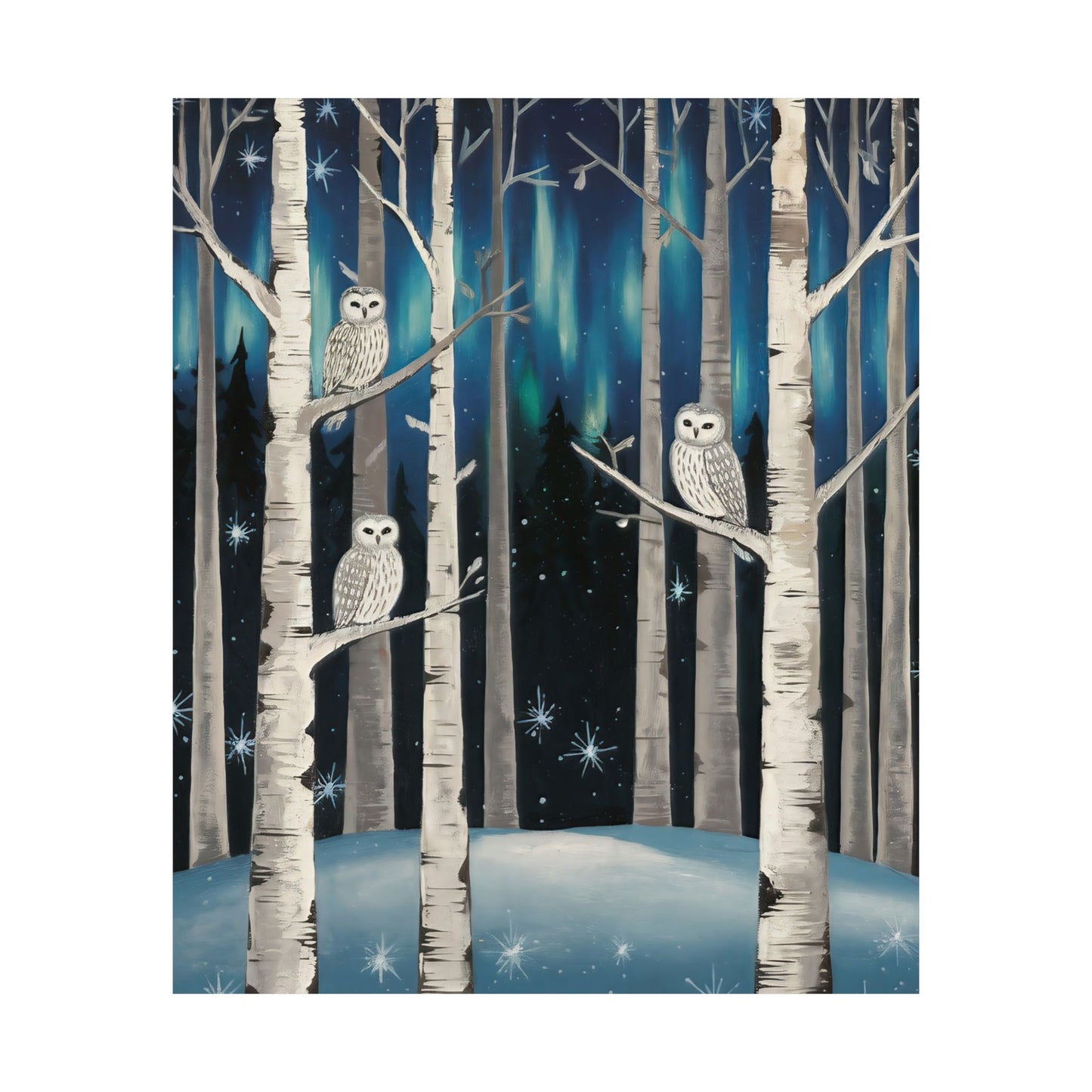 Folk Art Snow Owls At Night Poster