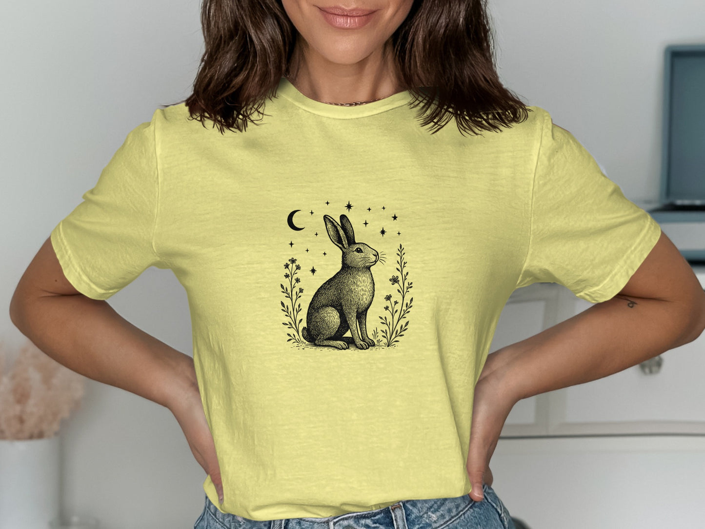 Yellow T-Shirt with Rabbit and Crescent Moon Design product type