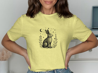 Yellow T-Shirt with Rabbit and Crescent Moon Design product type