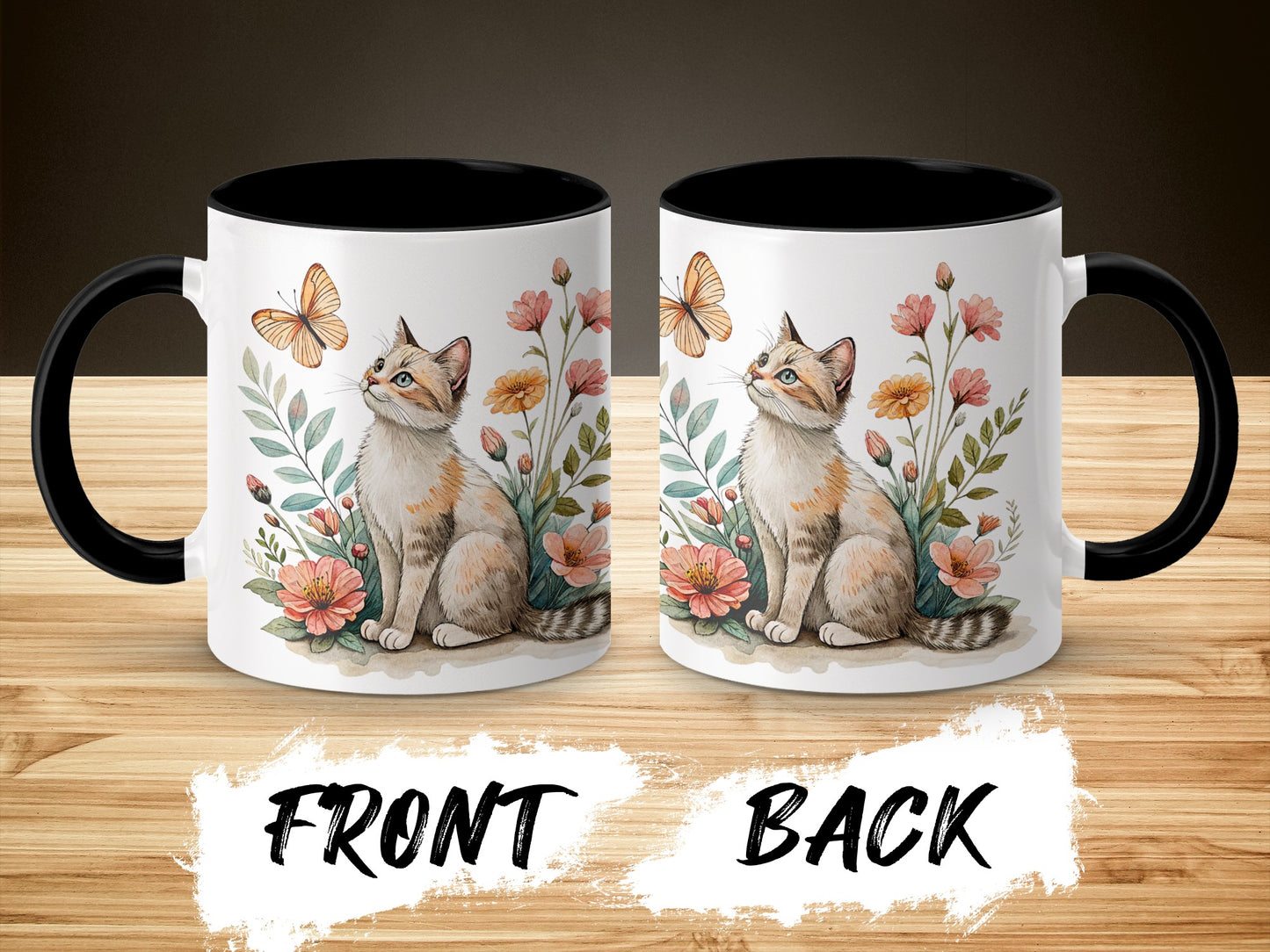 Delightful Cat with Butterflies and Flowers Mug