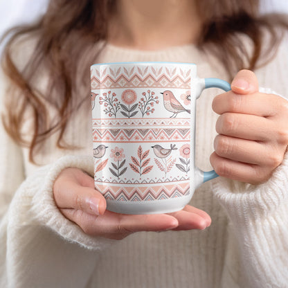 Patterned Mug with Birds and Floral Design