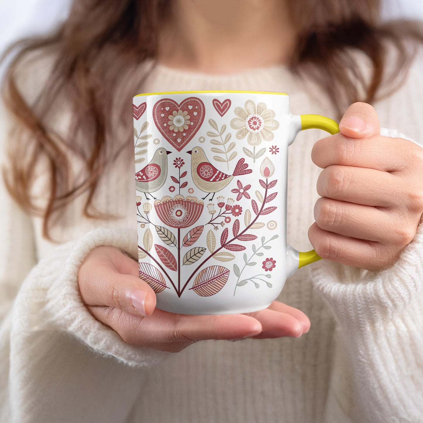 Floral Patterned Mug with Birds and Hearts Design