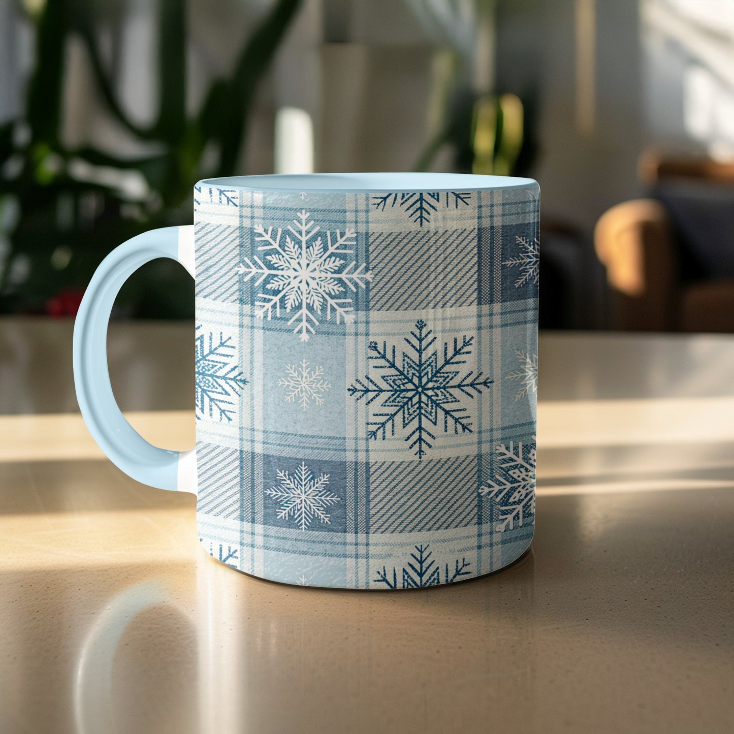 Snowflake Patterned Winter Themed Blue and White Mug
