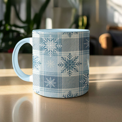 Snowflake Patterned Winter Themed Blue and White Mug