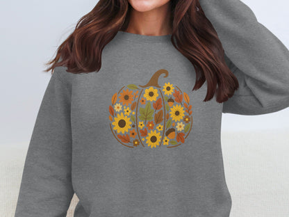 Floral Pumpkin Graphic on Grey Sweatshirt