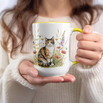 Colorful Floral Design Tabby Cat Art Coffee Mug