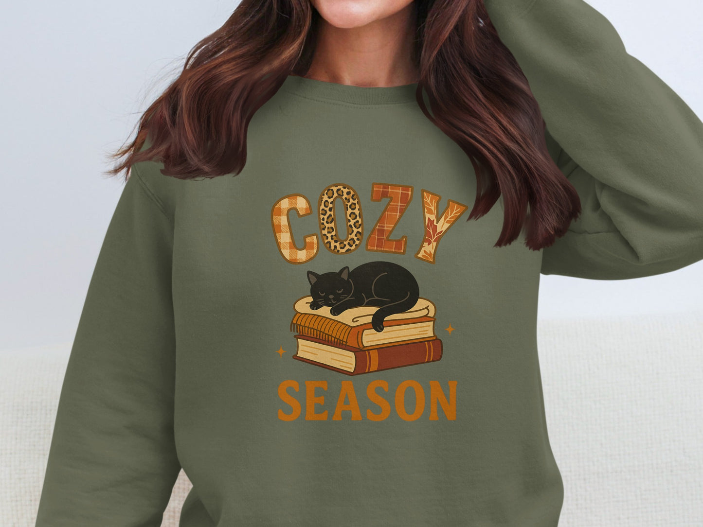 Cozy Season Sweatshirt with Cat and Books Design