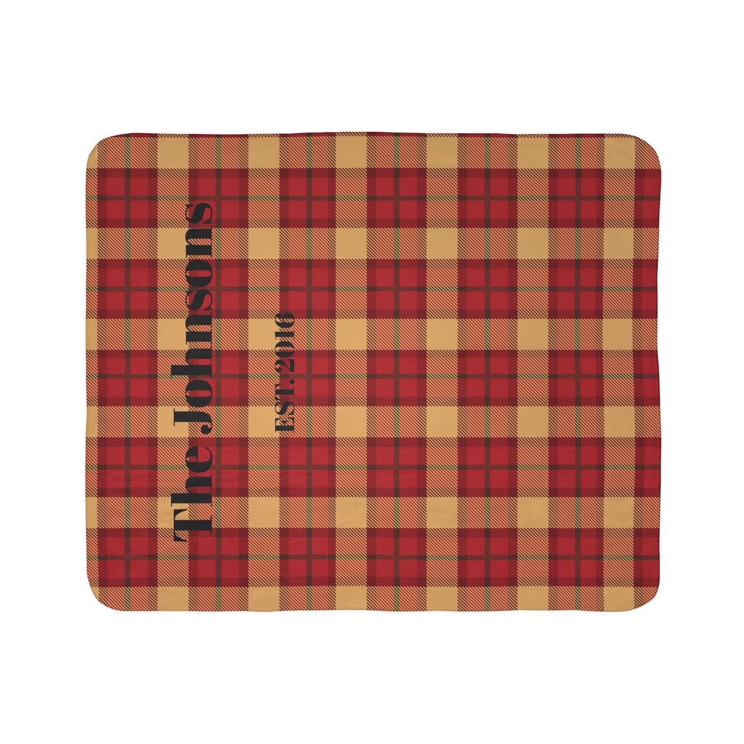 Custom Family Name Plaid Sherpa Blanket - Red & Tan Buffalo Check