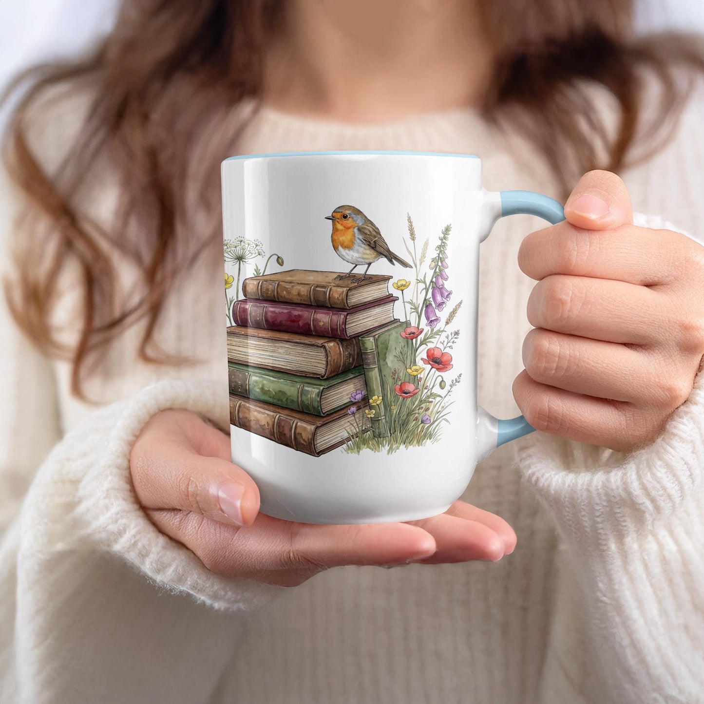 Charming Mug with Bird and Books Design for Cozy Moments