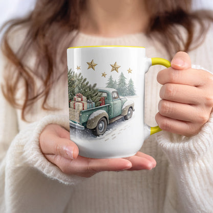 Vintage Green Truck Christmas Stars Holiday Mug
