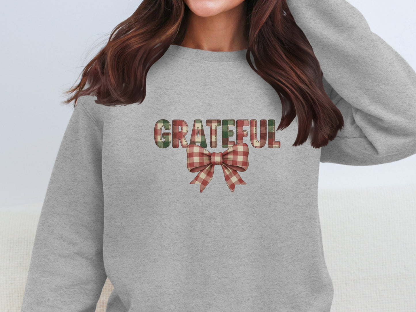 Grateful in Plaid with Bow Printed on Gray Sweatshirt