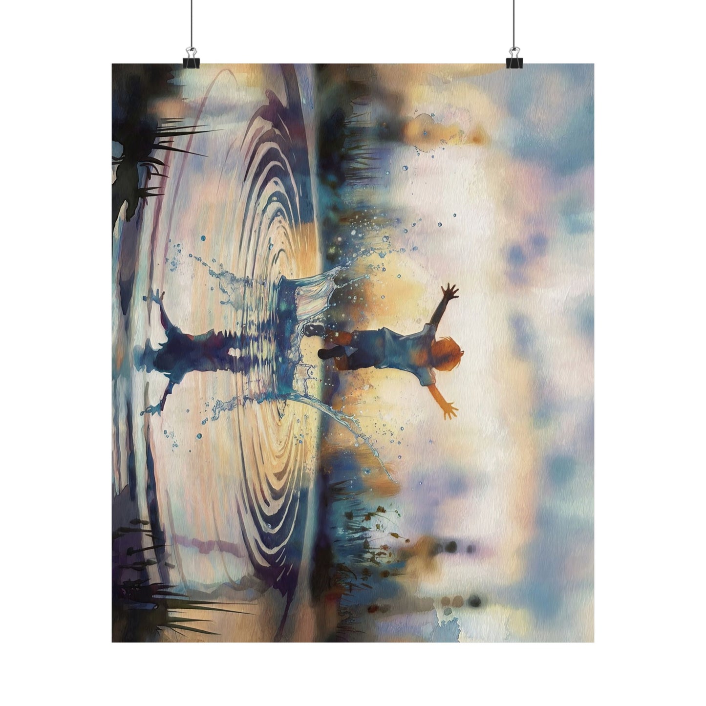 Boy Splashing In Puddle Watercolor Poster