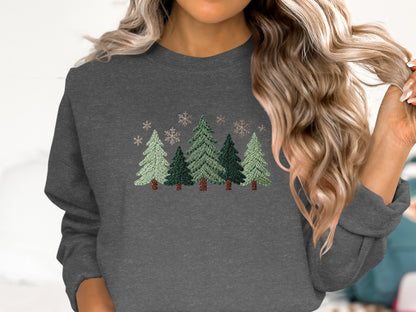 Cozy Forest Pine Trees and Snowflakes Sweatshirt