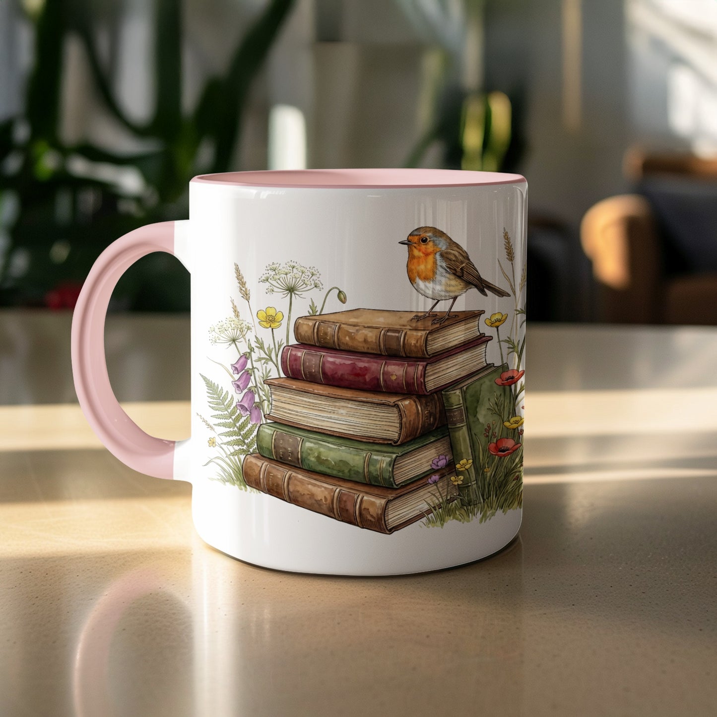 Decorative Mug with Stack of Books and Bird Design