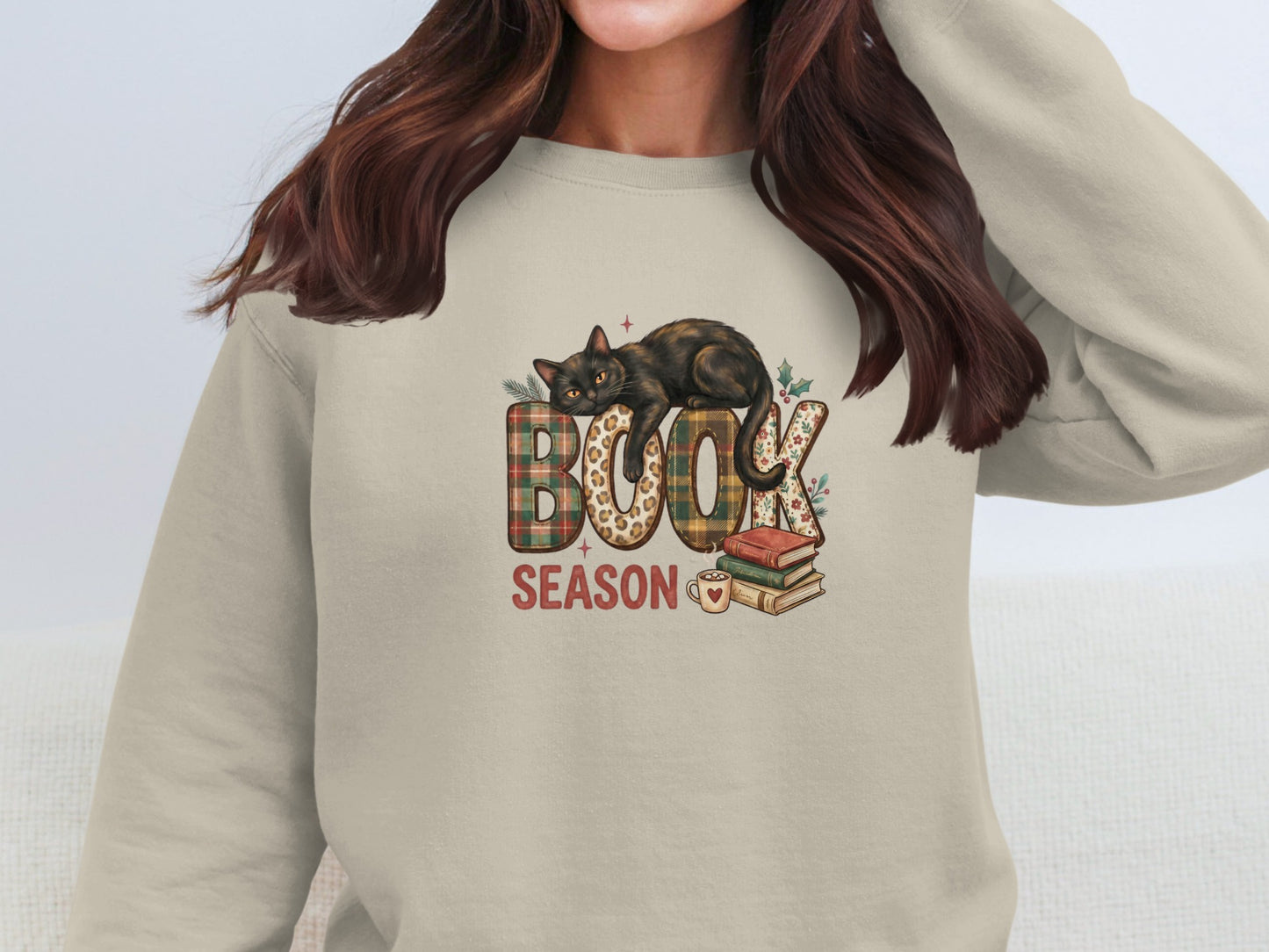 Cozy Sweatshirt with Book Season Cat Design