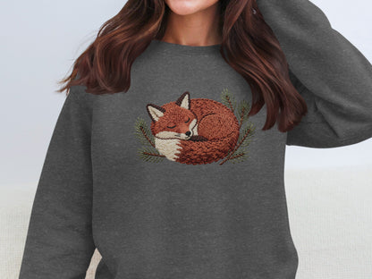 Cozy Sleeping Fox Embroidered Graphic Sweatshirt