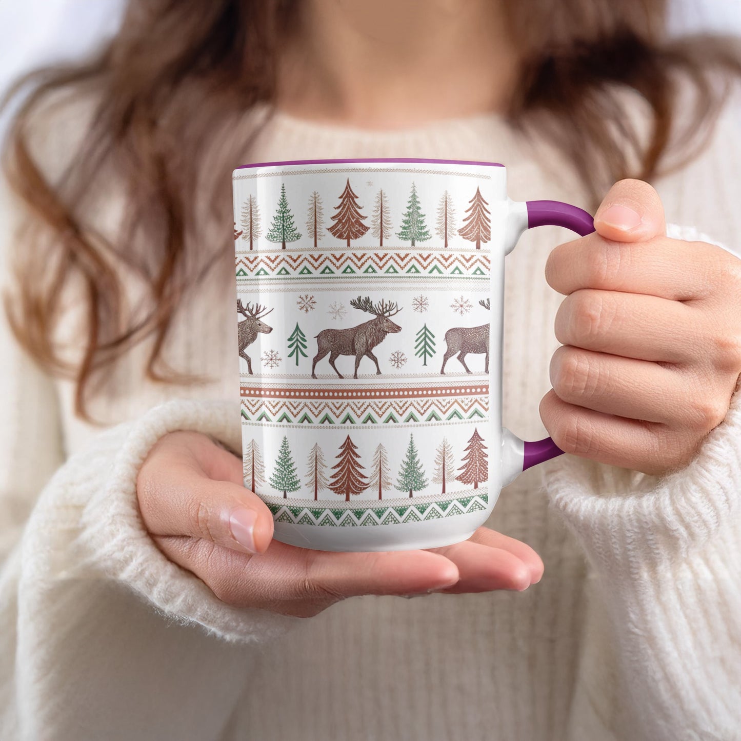 Festive Holiday Themed Mug with Reindeer and Trees Design